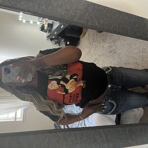 Black Graphic T-Shirt with Red and Beige Design